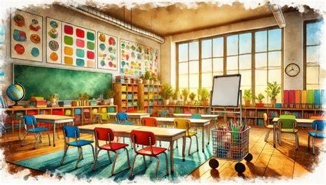 Klasse 4b im Klassenzimmer mit bunter Dekoration und Frontalunterricht, daneben Frau Honig