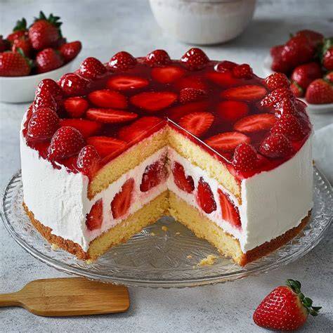 Klassische Erdbeertorte auf Biskuitboden mit Sahne und Früchten