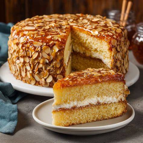 Klassischer Bienenstich mit karamellisiertem Mandel-Topping und Vanillepuddingfüllung