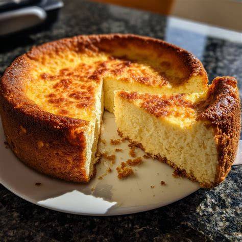 Klassischer Käsekuchen, goldbraun gebacken, auf einem Tisch
