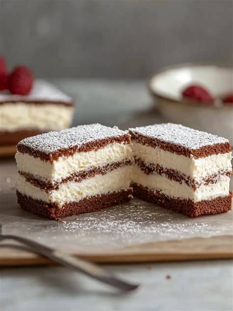 Klassischer Milchschnitte Kuchen vom Blech mit Cremefüllung und Schokodeckel