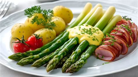 Klassischer Spargelteller mit Kartoffeln, Schinken und Sauce Hollandaise