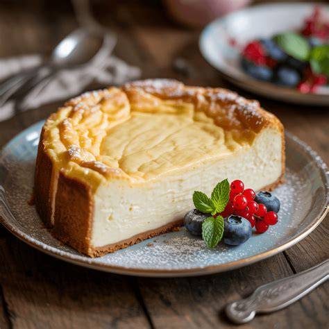 Klassischer deutscher Käsekuchen auf einer Tortenplatte, rustikaler Hintergrund