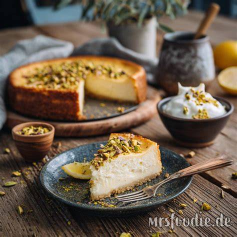 Klassischer griechischer Käsekuchen angerichtet auf Keramikteller; Zutaten wie Honig und Pistazien.