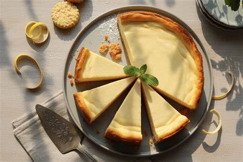 Klassischer hoher Käsekuchen mit glatter Oberfläche, Anschnitt, Nylonmesser neben Stück