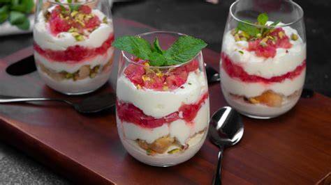 Klassisches Rhabarberkompott im Glas, daneben Schüssel mit Puddingpulver