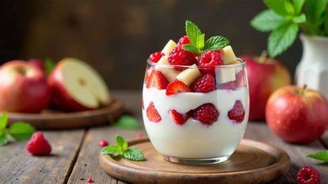 Kleine Dessertförmchen mit Sauerrahm-Pudding und Früchten