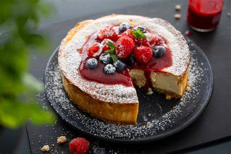 Kleiner Käsekuchen aus dem Omelettmeister, serviert mit Beeren
