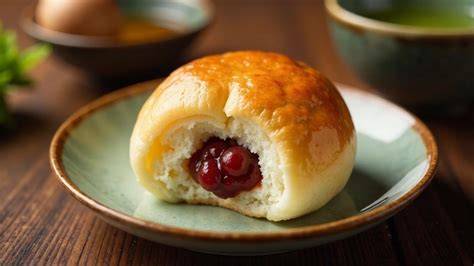Kleines Frühstückstablett mit Brötchen, Butter und leuchtend roter Kirschmarmelade