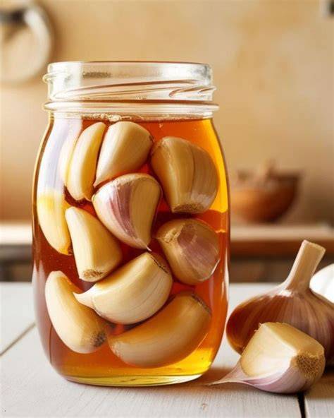 Knoblauchzehen und Glas mit Honig