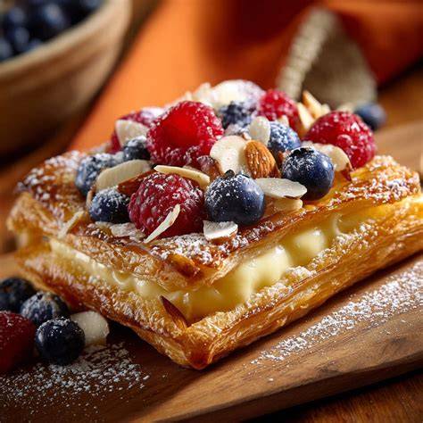 Knusprige Blätterteig-Schnitten mit Quarkpudding und Puderzucker