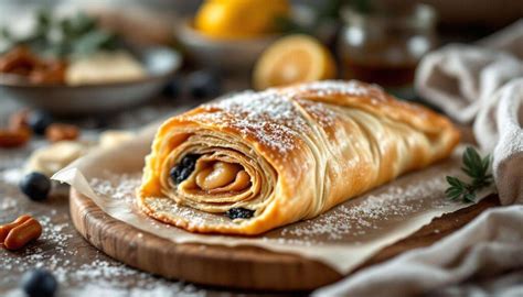Knuspriger Marzipan-Mandel-Strudel aus Blätterteig, angerichtet auf Holzbrett mit Puderzucker