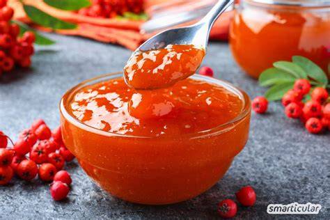 Kochender Topf mit Vogelbeeren und Äpfeln für Marmelade