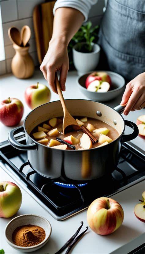Kochprozess: Äpfel mit Gewürzen im Topf