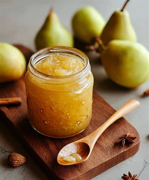 Kochtopf mit Birnenmarmelade beim Aufkochen