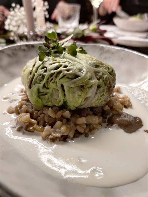 Kohlroulade auf Honig-Senf-Creme angerichtet