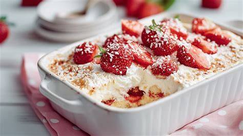 Kokos-Tiramisu mit Erdbeeren geschichtet in einer Dessertform