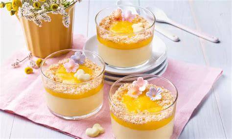 Kokos-Vanille-Pudding mit Mangopüree und Kokosraspeln