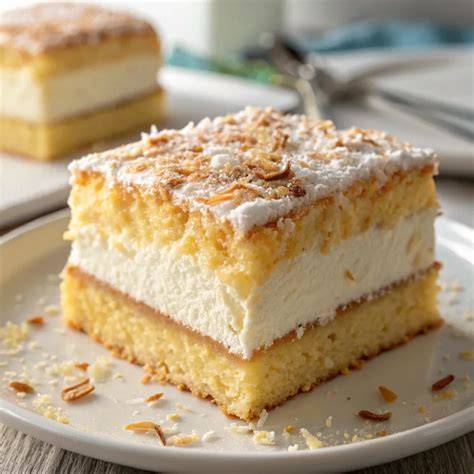 Kokos-Zauberkuchen mit Kokosraspeln dekoriert
