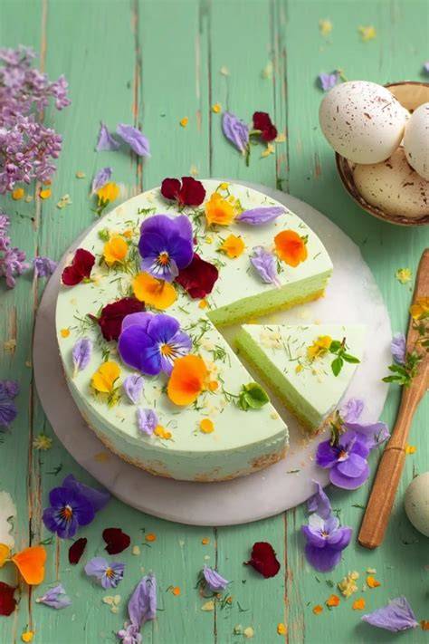 Kokostorte mit gefärbten Kokosraspeln und essbaren Blüten