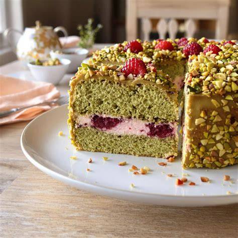 Kombination: Himbeerfüllung, Pistazienganache und glattes Buttercreme-Finish