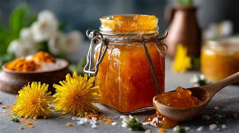 Kombination aus Löwenzahnblüten und Orangen in einem Glas Marmelade