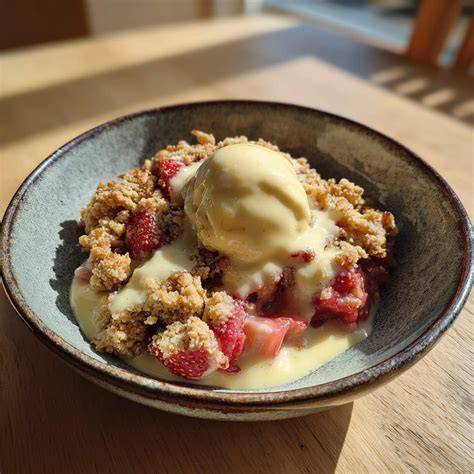Kombination aus Vanillesauce, Obst und glutenfreien Streuseln