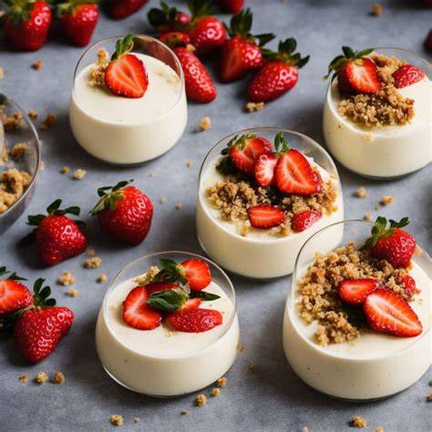 Kombination veganer Beerendesserts: Himbeercreme, Panna Cotta, Crumble