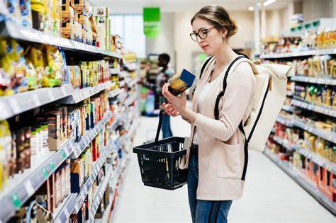 Konsument beim Lesen eines Schokoladenetiketts im Supermarkt