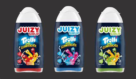 Kooperation JUIZY WOW x Trolli: drei farbige Sirup-Varianten
