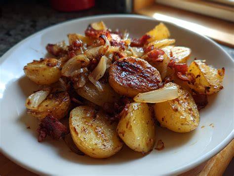 Koteletts mit Honig-Senf-Glasur und Bratkartoffeln auf Teller angerichtet