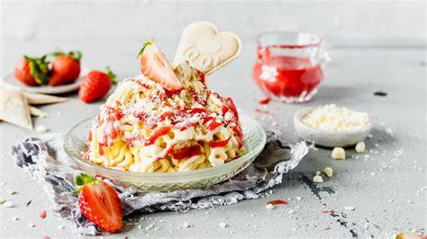 Kreation Spaghettieis mit Erdbeersauce und Schokolade