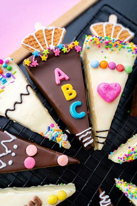 Kreativ dekorierte Käsekuchen-Schultüten auf einer Tortenplatte, Einschulung Umgebung