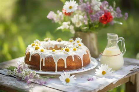 Kuchen im Blumentopf auf einem gedeckten Tisch