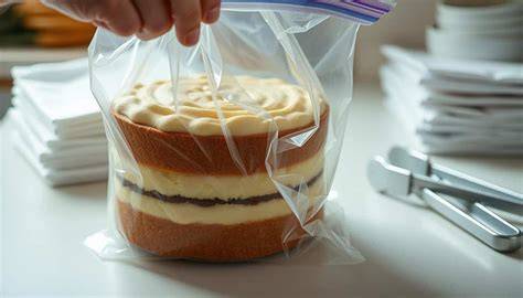 Kuchen im Kühlschrank und luftdicht verpackt