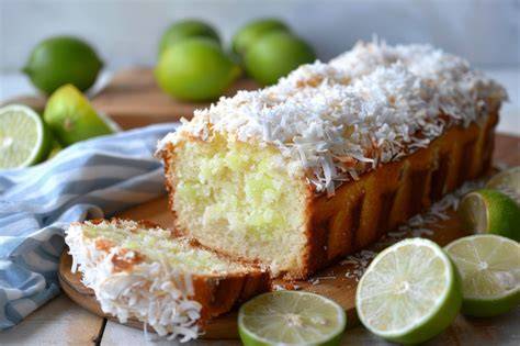 Kuchen mit Limetten und Kokosflocken dekoriert auf einem Servierteller