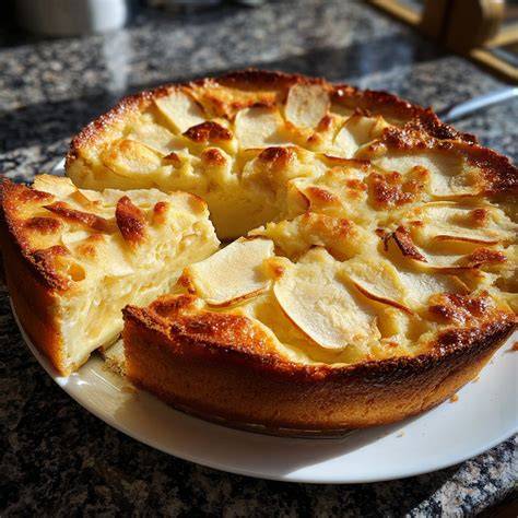 Kuchen mit Puderzucker, daneben karamellisierte Apfelspalten