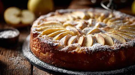 Kuchen mit Puderzucker bestreut auf Teller serviert