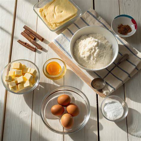 Kuchen-Zutaten auf einen Blick: Blätterteig, Schmand, Vanillepudding, Eier, Mandarinen