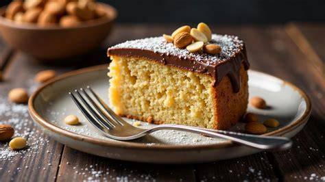 Kuchenstück mit Nougat und saftigem Nusskern, Schokoladenguss und Deko