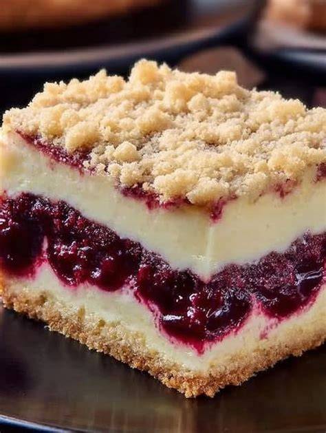 Kuchenstücke mit Himbeeren, Kirschen und Beerenmix mit Streuseln