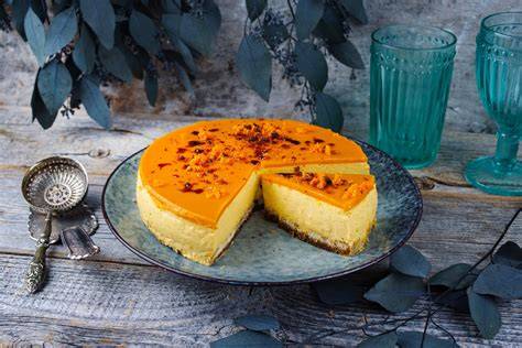 Kuchentafel am Meer mit aufgeschnittener Sanddorn Sahne Torte