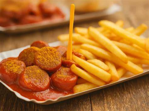 Kulinarische Collage: Currywurst, Pommes und Marzipan-Variationen