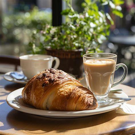 Lächelnde Kunden mit Croissant in französischem Café