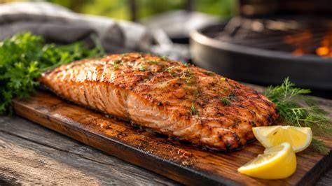 Lachsfilet auf Zedernholzplanke gegrillt