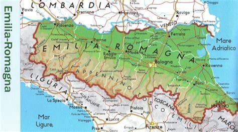 Lage der Emilia Romagna und der Stadt Modena in Italien, Ursprungsregion des Balsamico