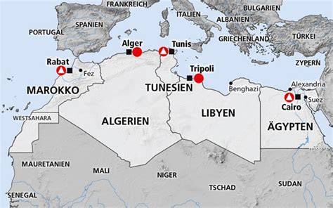 Landkarte: Hauptanbaugebiete von Datteln (Ägypten, Tunesien, Marokko, Saudi-Arabien)