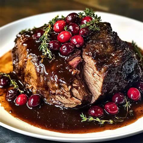 Langsam geschmorter Rinderbraten mit Cranberry-Balsamico-Glasur angerichtet mit Sauce und Nüssen