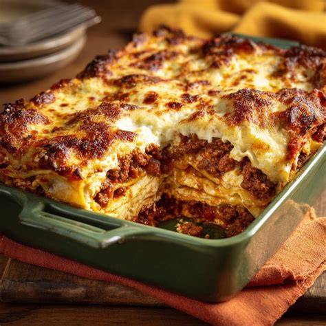 Lasagne im Aufschnitt: geschichtete Lasagne mit goldbrauner Kruste
