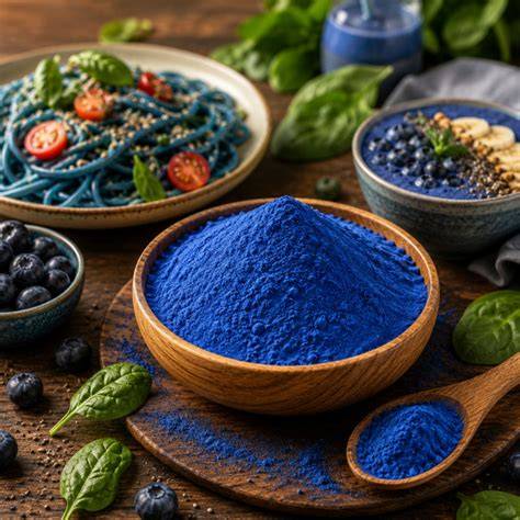 Lebensmittelfarbe: Blaue Farbstoffe und Spirulina-Pulver